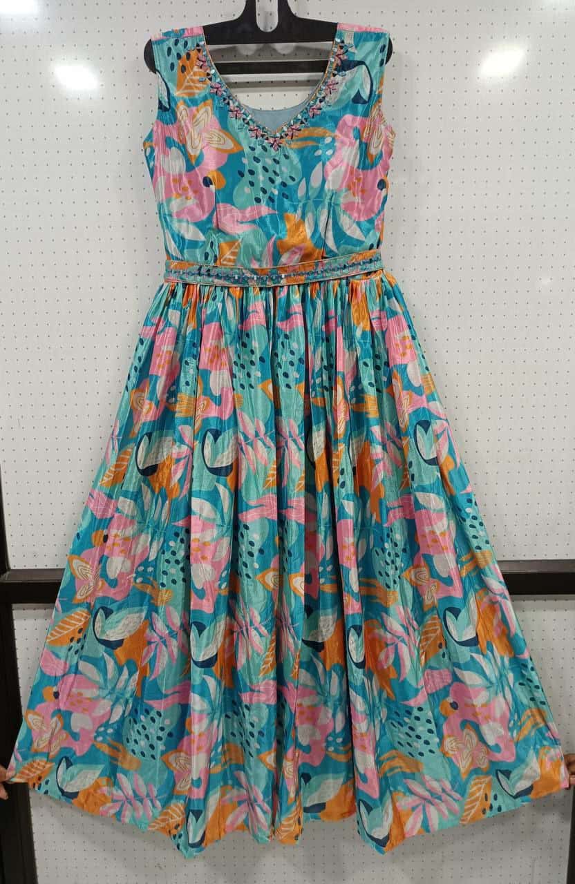 "Heavy Digital Printed Chinon Anarkali with Mirror & Embroidered Work – Fully Stitched, Flared Design"