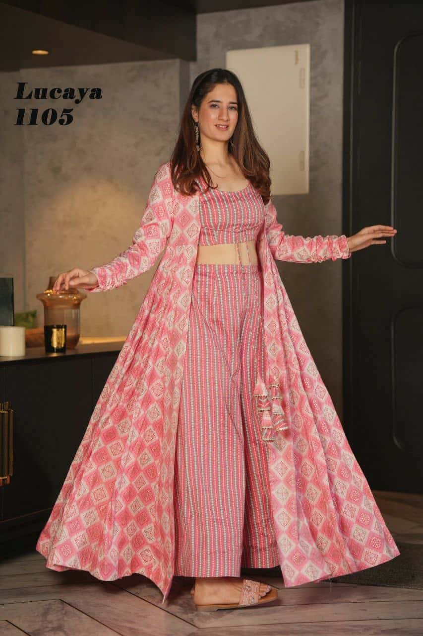 "Heavy Pure Rayon Digital Printed Long Gown Set with Shrug, Crop Top, and Palazzo (Fully Stitched)"