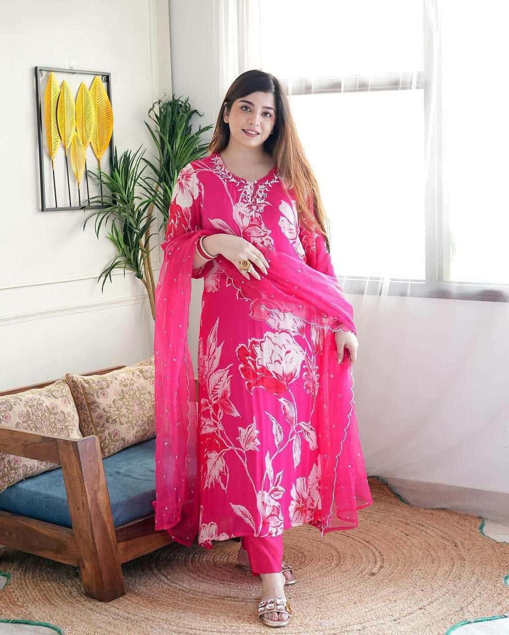 "Elegant Fuchsia Net Dress for Festive Occasions"