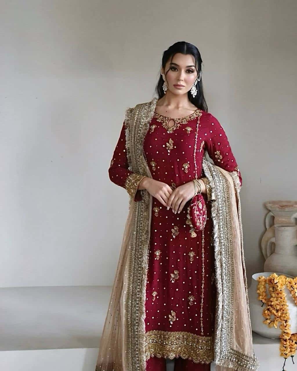 Maroon embroidered readymade stitched salwar suit
