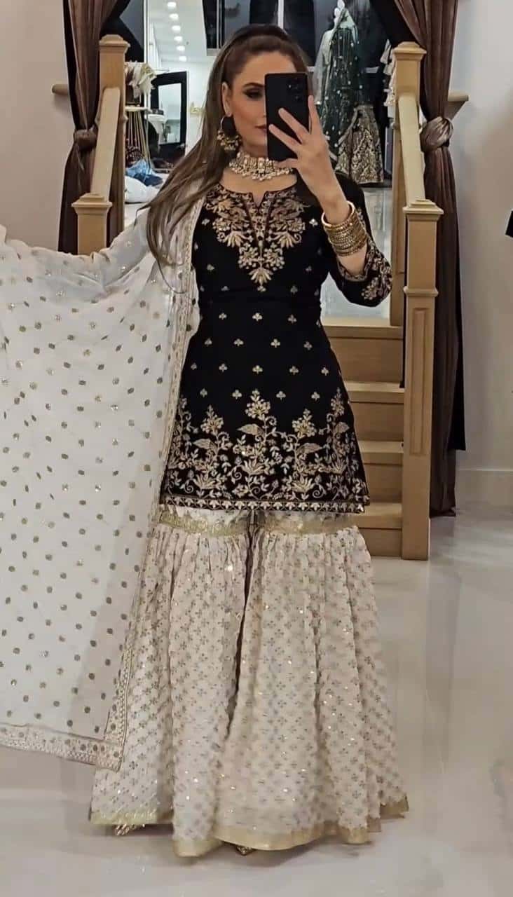 Elegant Embroidered Faux Georgette Top with Sharara Plazzo & Dupatta Set