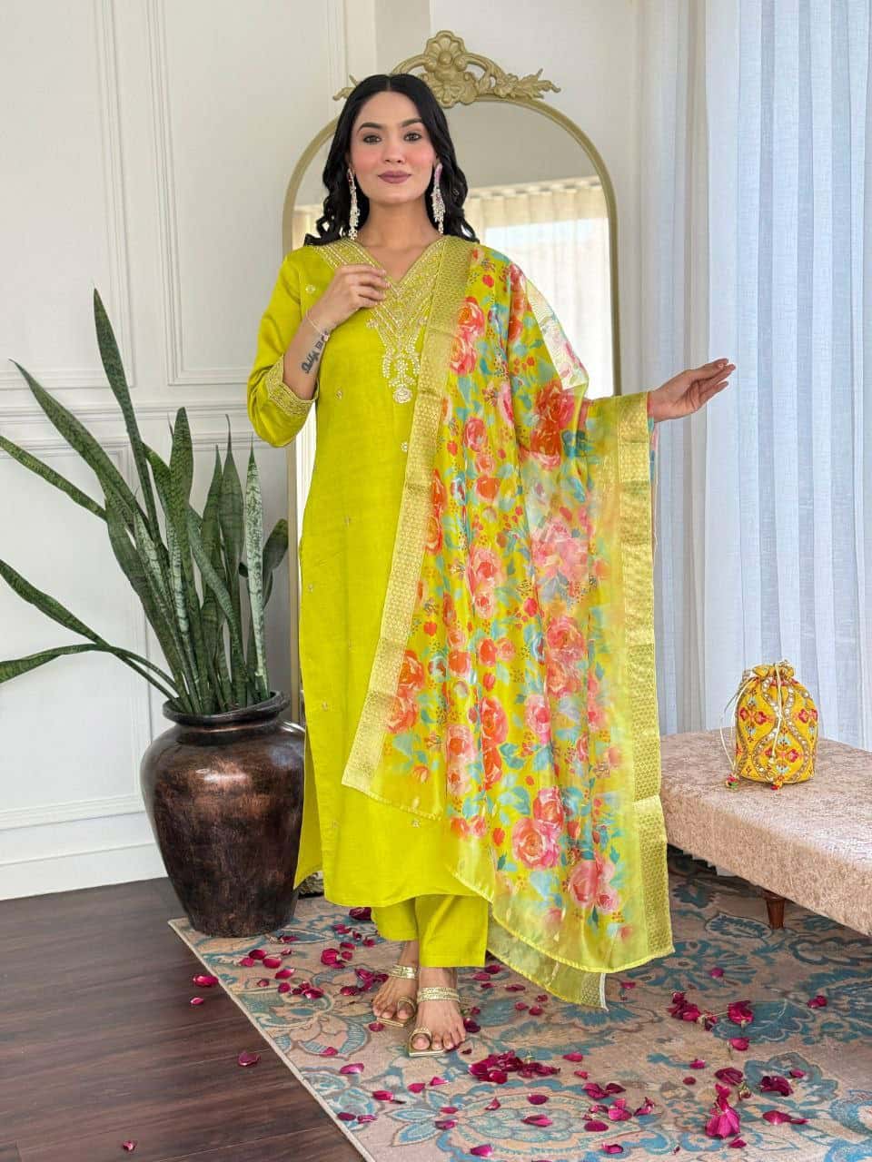 "Elegant Pure Viscose Chanderi Kurti Set with Sequence Embroidery & Jacquard Dupatta"