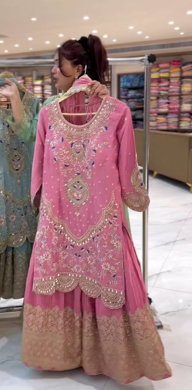 Natural crepe silk kurta sharara with dupatta sets
