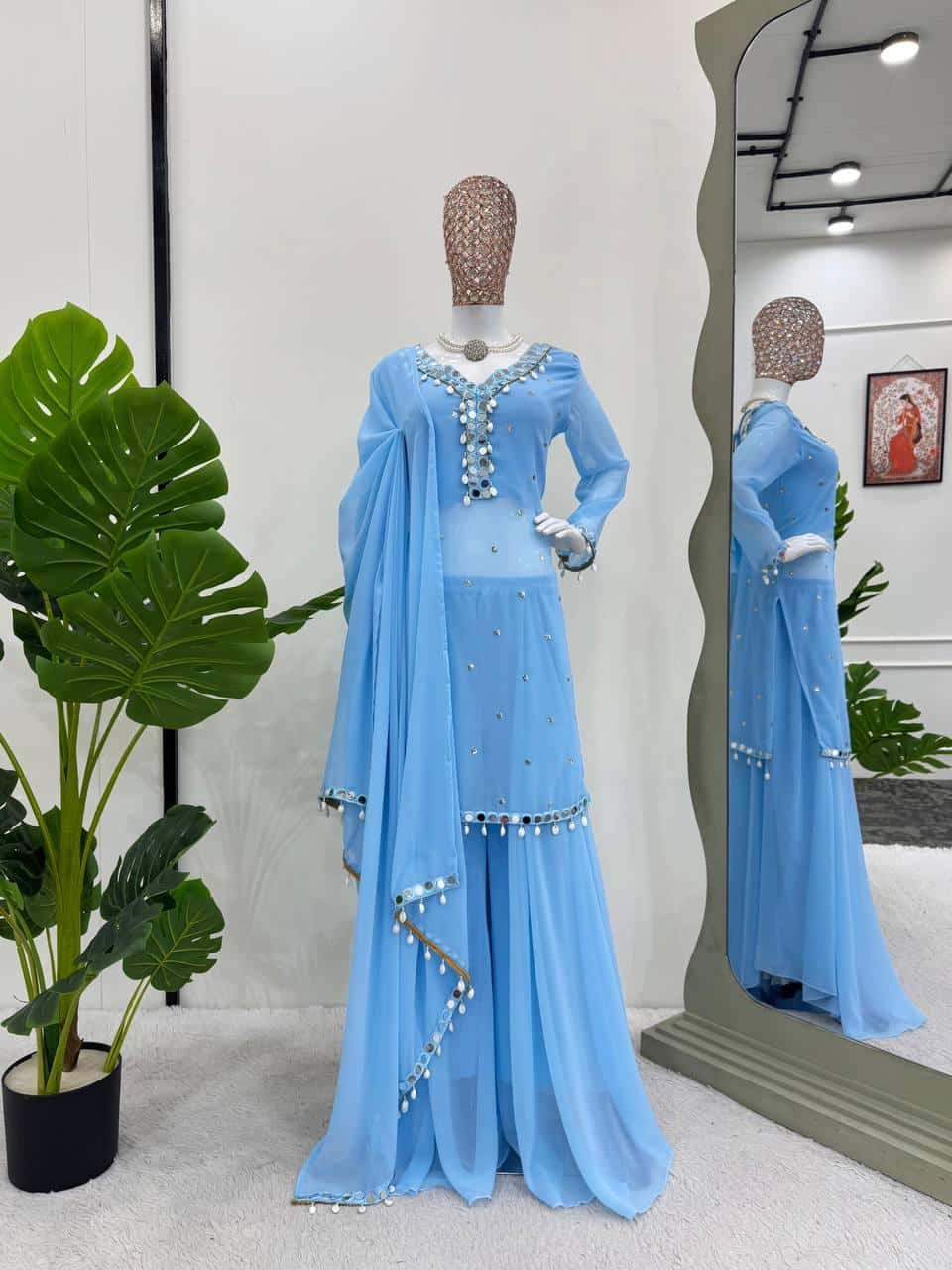 Faux Georgette Threadwork  Kurta Pant with Dupatta