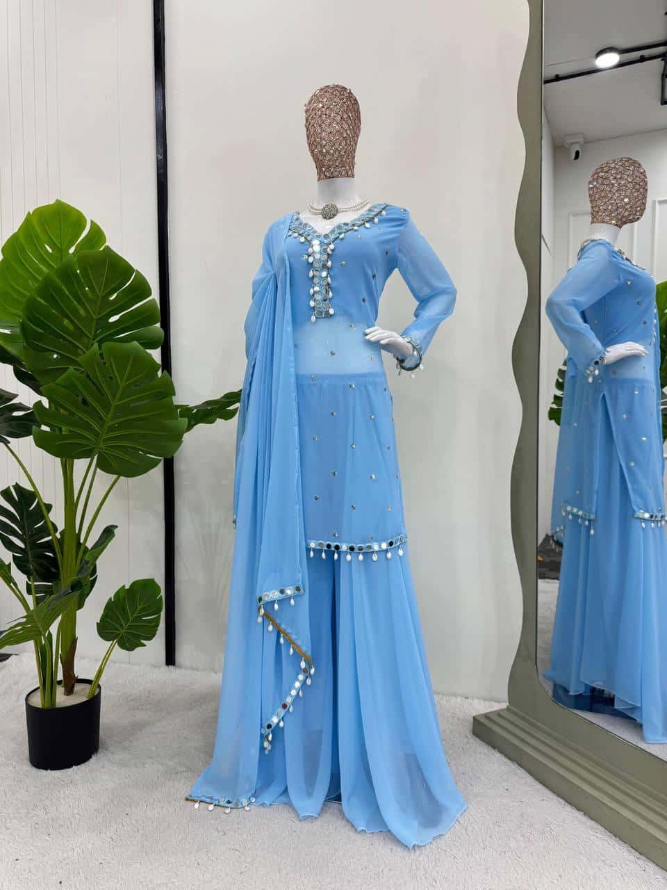 Faux Georgette Threadwork  Kurta Pant with Dupatta