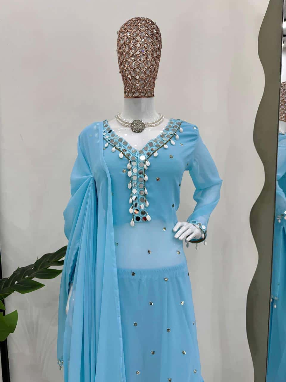 Faux Georgette Threadwork  Kurta Pant with Dupatta