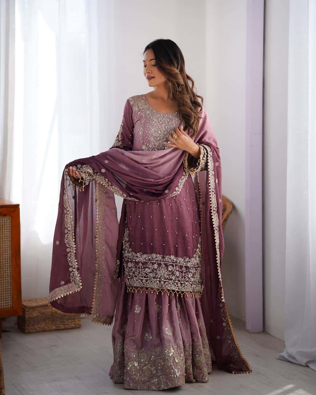 Designer silk kurta palazzo with dupatta set
