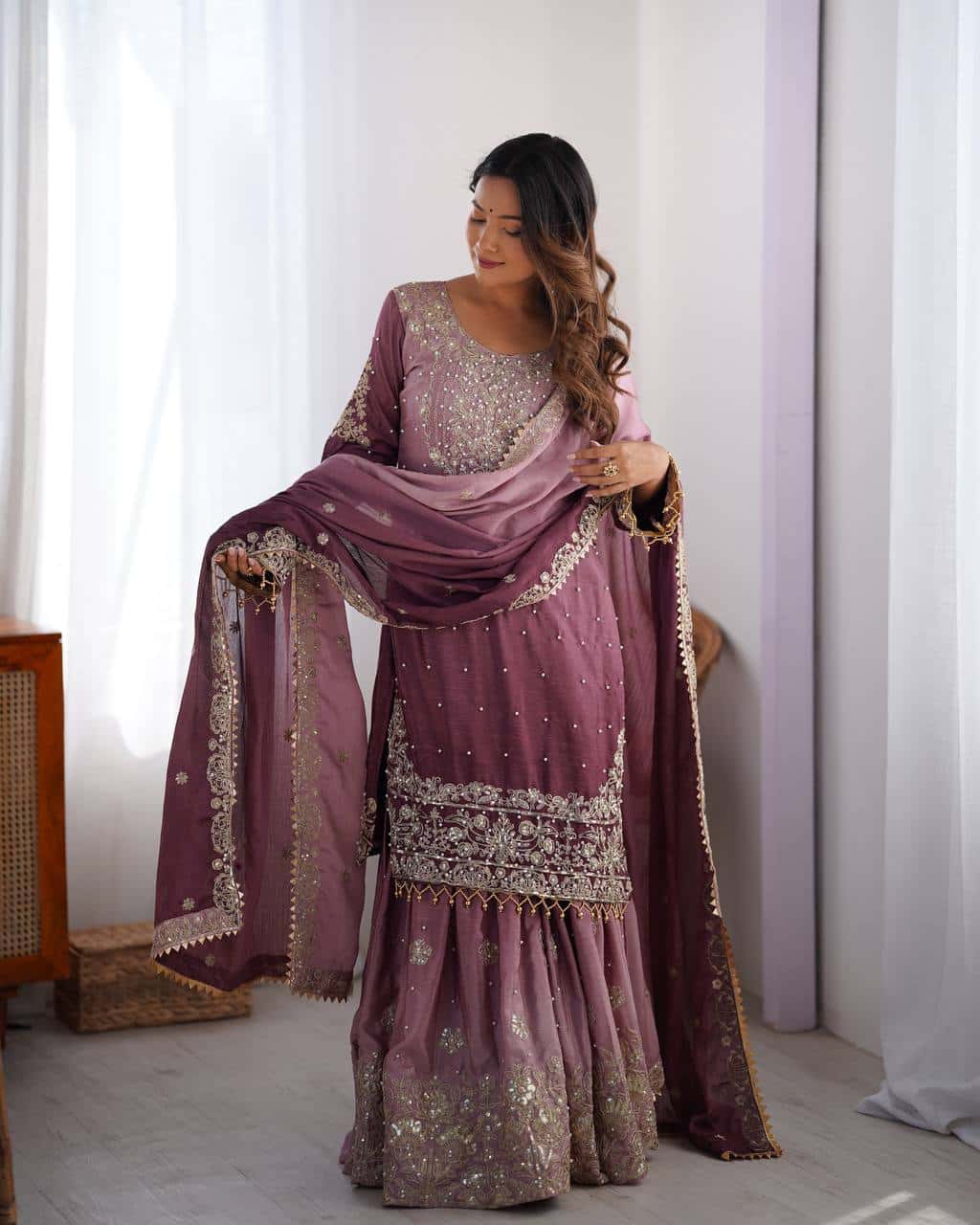 Designer silk kurta palazzo with dupatta set