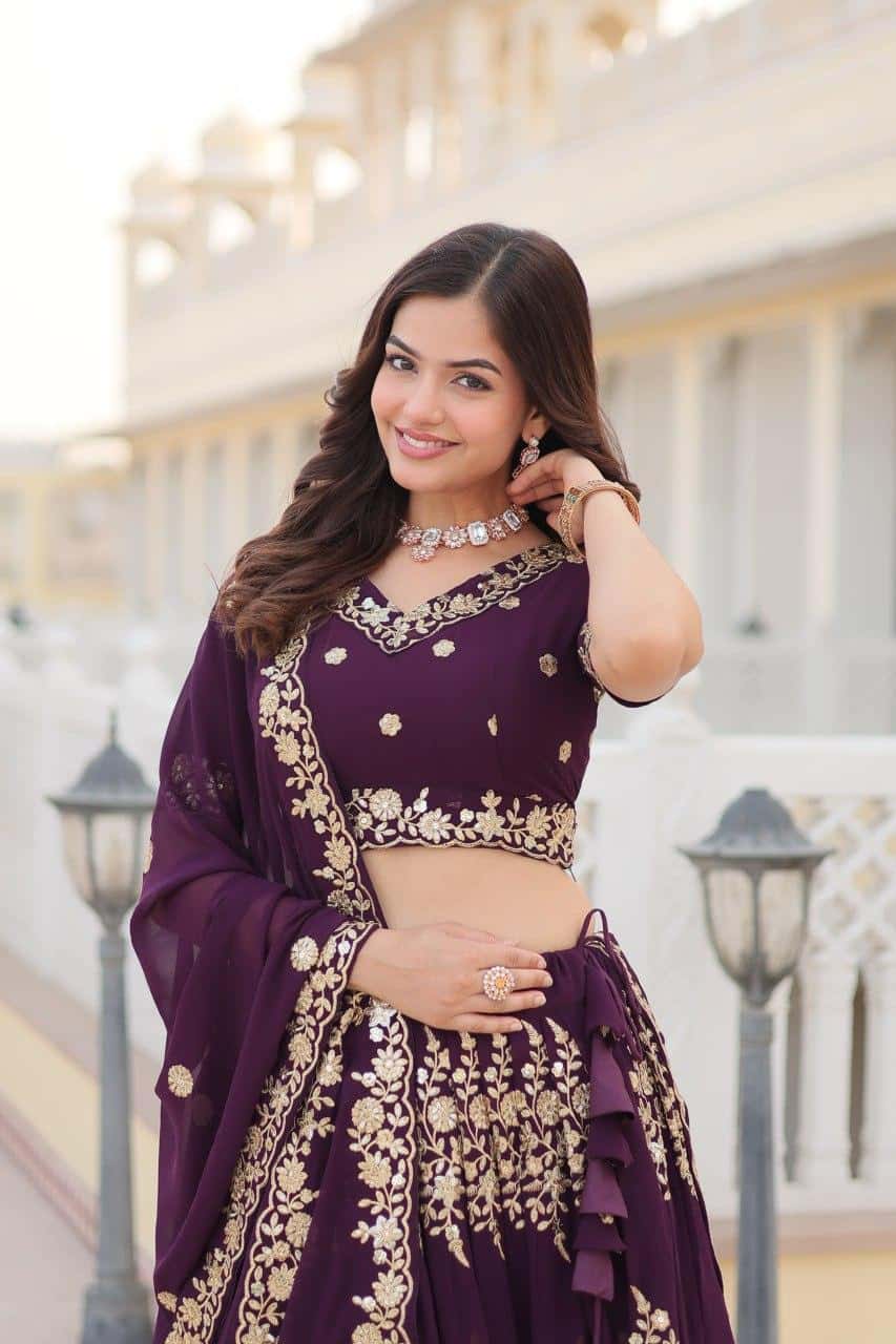 Faux Blooming Georgette with Heavy Thread Sequins Embroidered Work Lehenga with Blouse