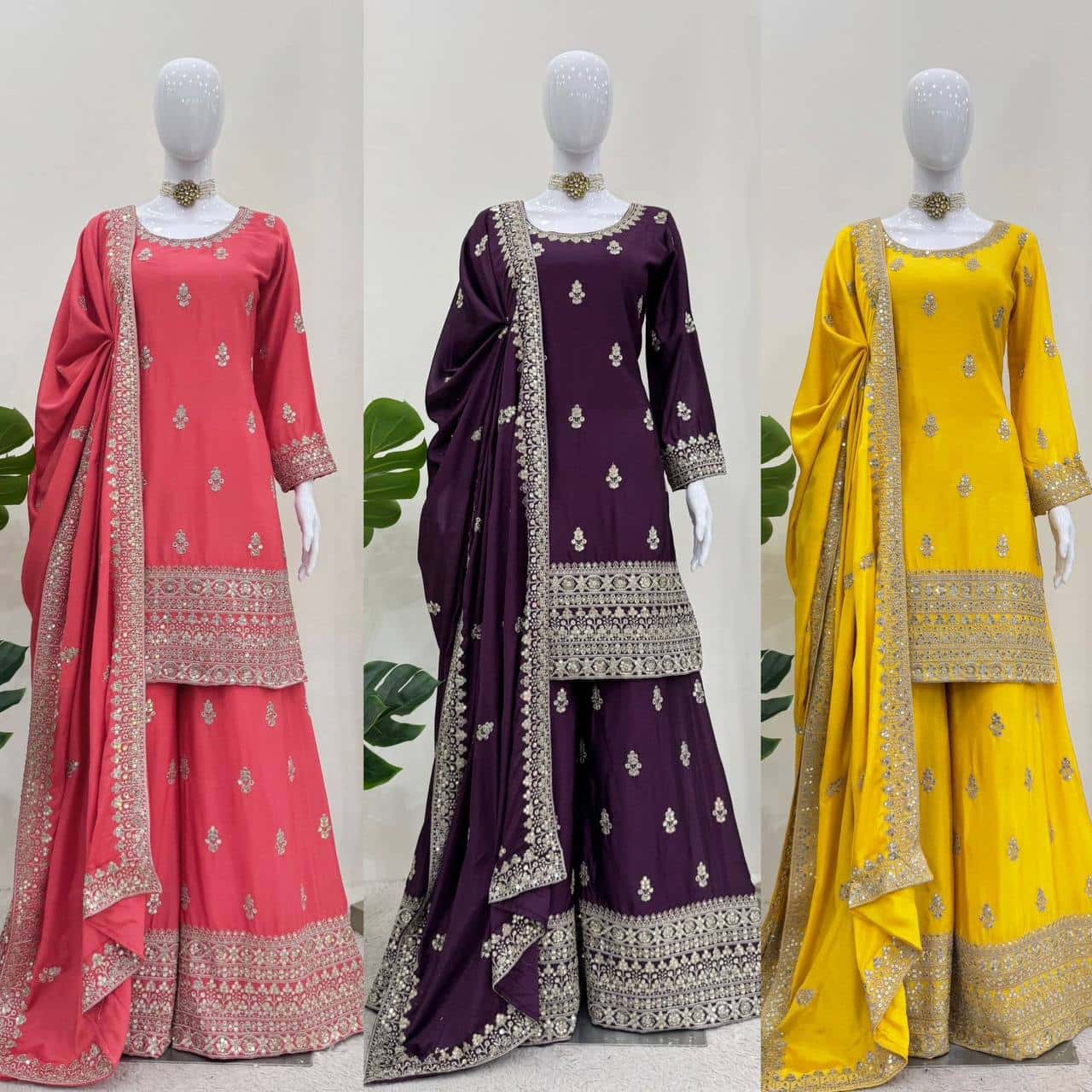 Pure Chinon Silk Kurta Palazzo with Dupatta