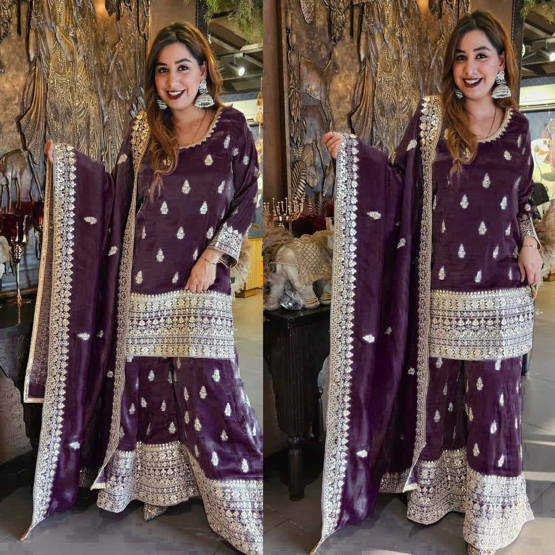 Pure Chinon Silk Kurta Palazzo with Dupatta