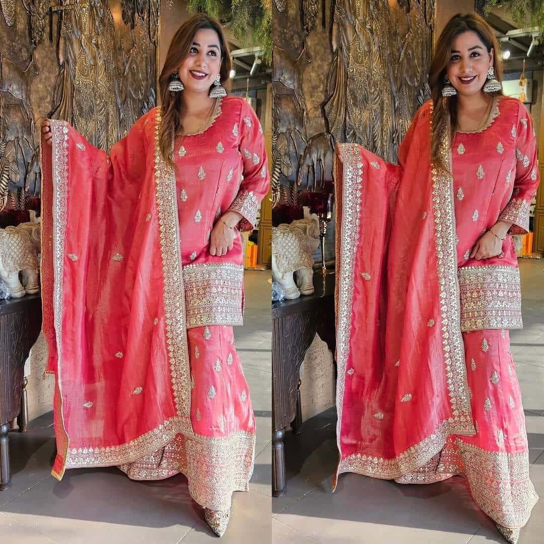 Pure Chinon Silk Kurta Palazzo with Dupatta