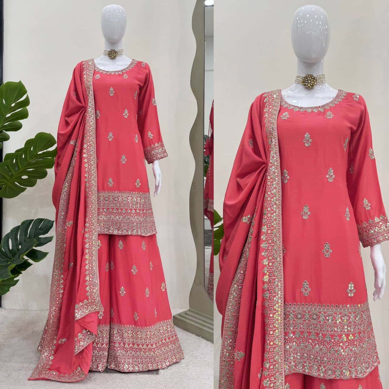 Pure Chinon Silk Kurta Palazzo with Dupatta