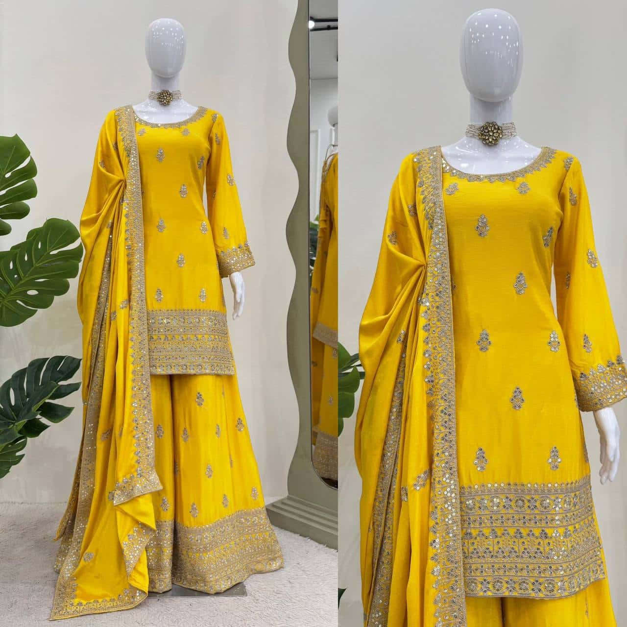 Pure Chinon Silk Kurta Palazzo with Dupatta