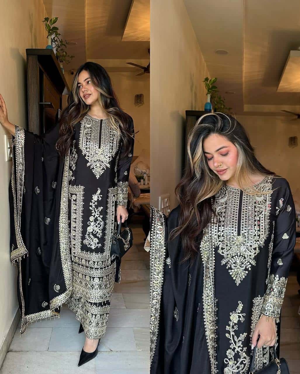 Pure Chinnon Silk Kurta Palazzo with Dupatta