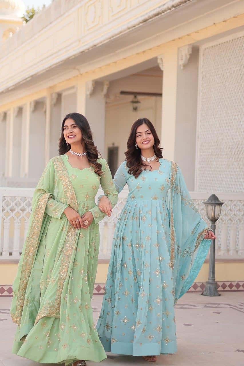 Handwork beautiful full flared anarkali gown with dupatta sets
