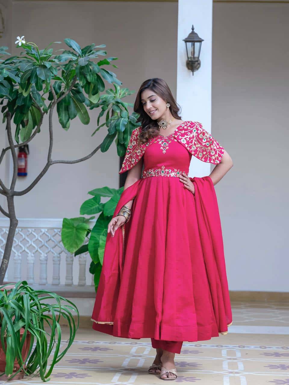 Silk embroidered sequence work gown with dupatta sets