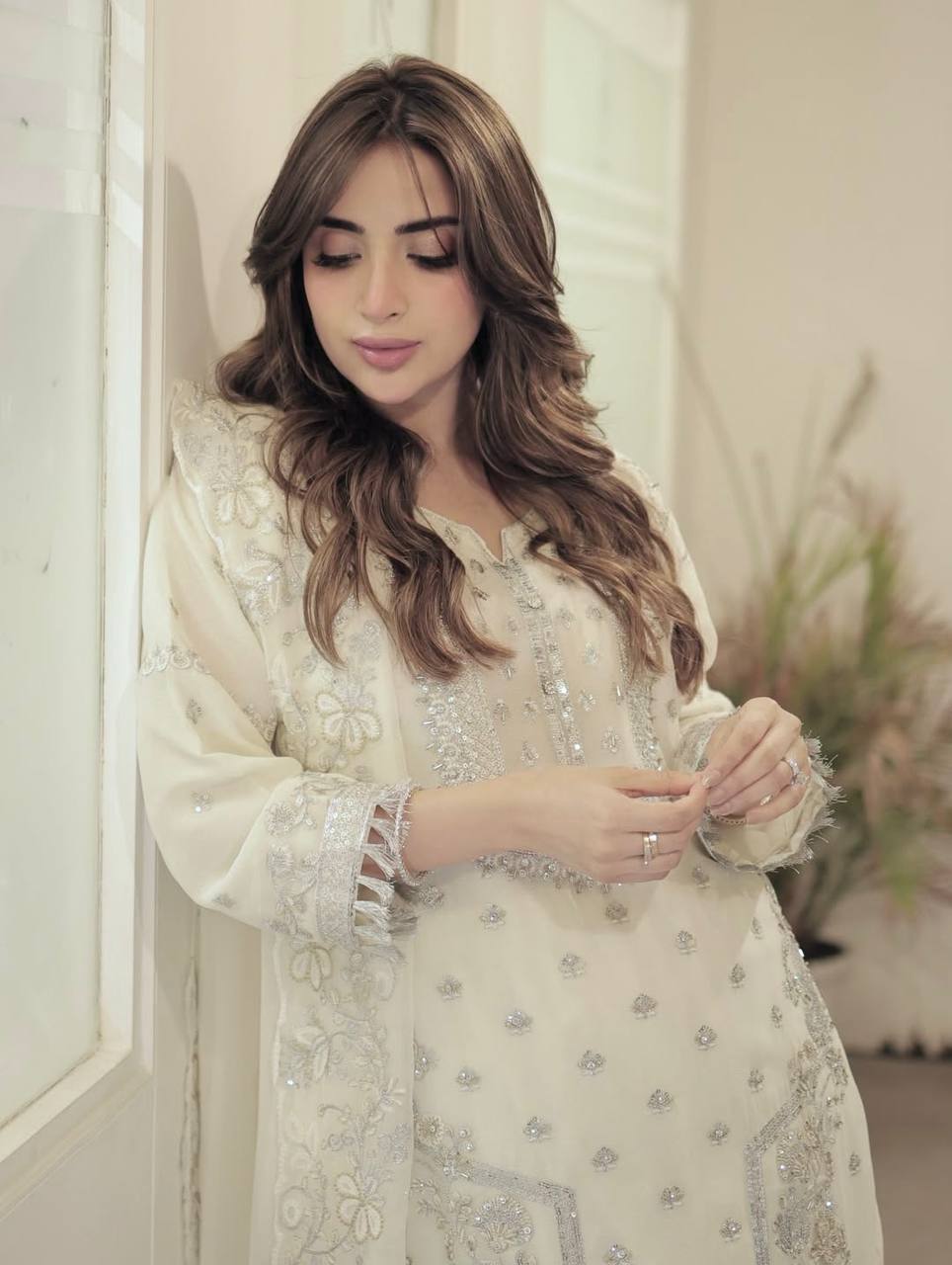 Heavy moti work georgette kurta set for women