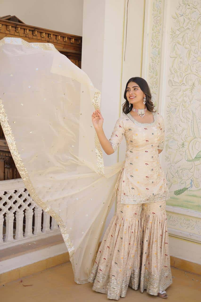 Designer Gharara Set with Sequins & Zari Embroidery – Viscose Jacquard Collection