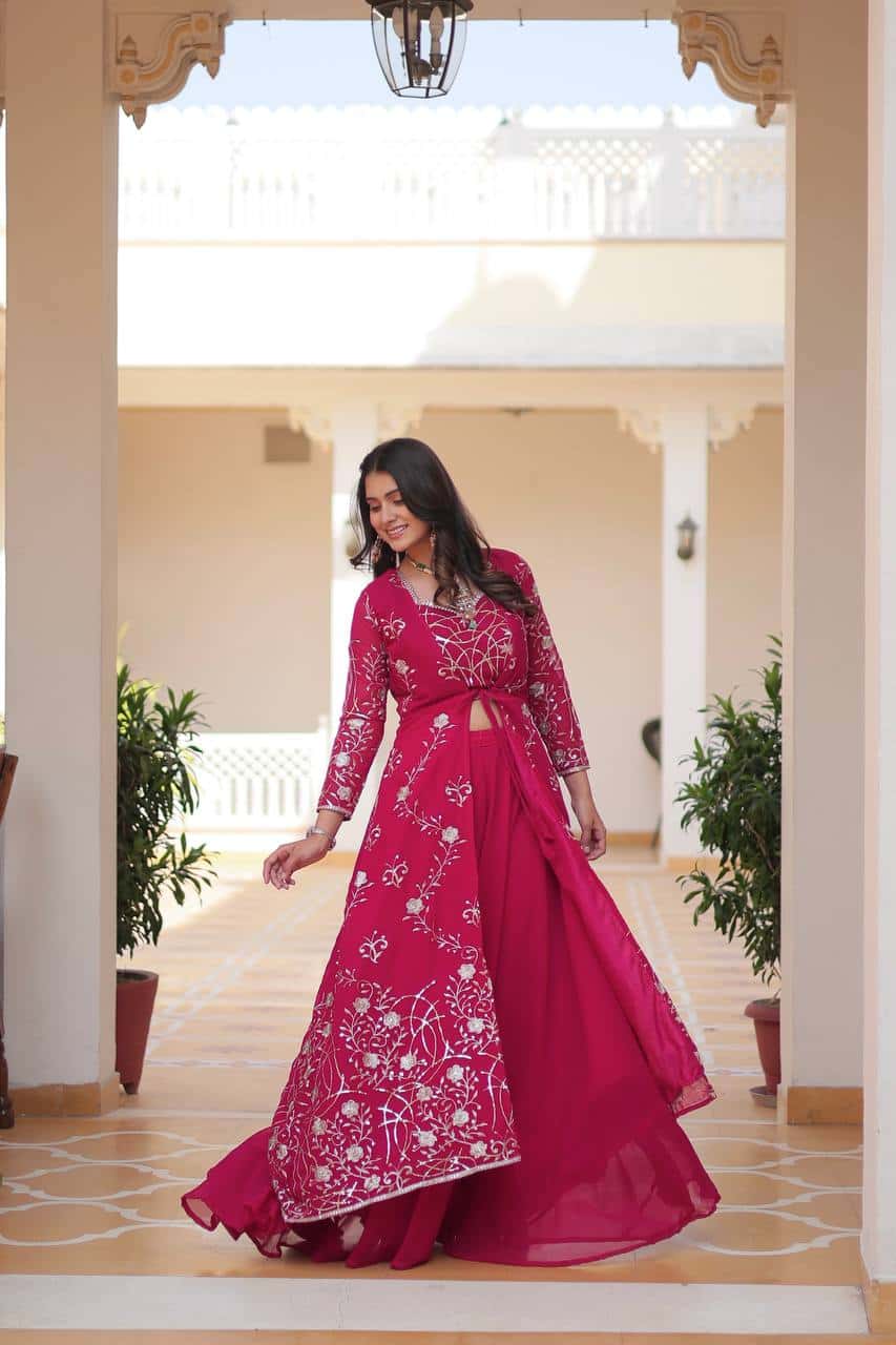 Heavy Faux Georgette Shrug, Choli & Palzzo Set with 3mm Embroidery