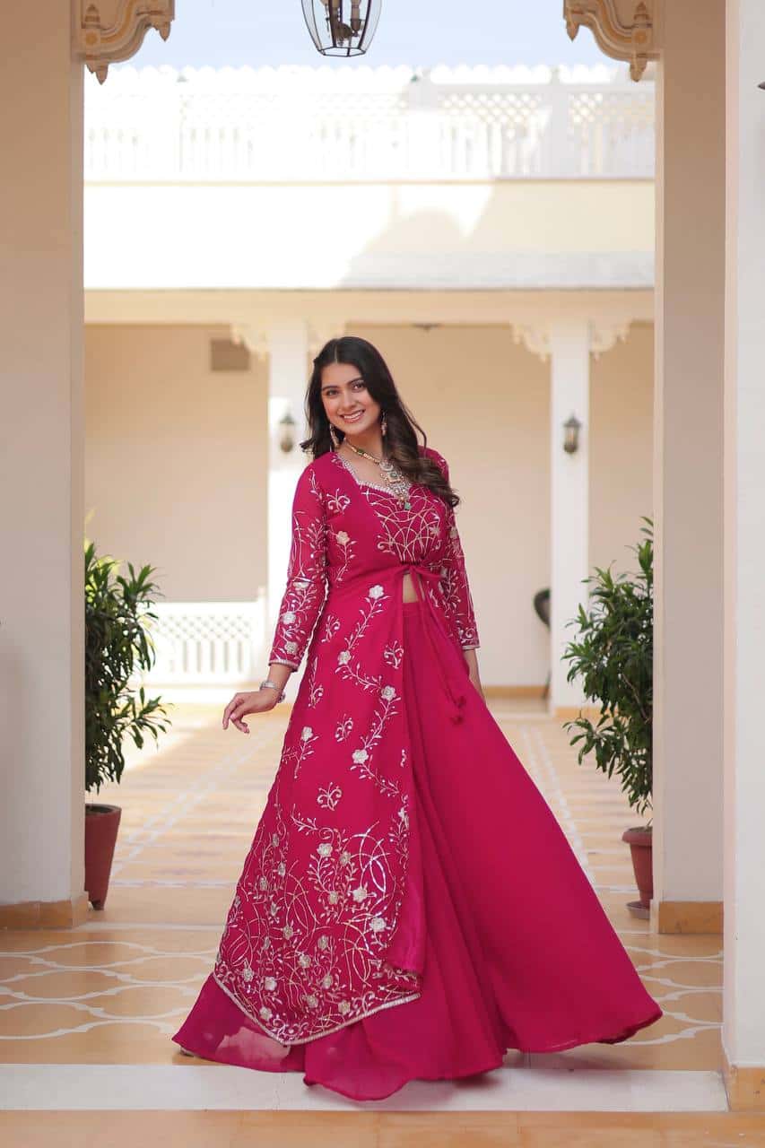 Heavy Faux Georgette Shrug, Choli & Palzzo Set with 3mm Embroidery