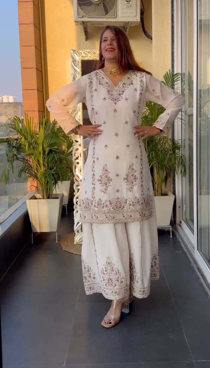 Pure Heavy Chinnon Silk Embroidered Top, Plazzo & Dupatta Set