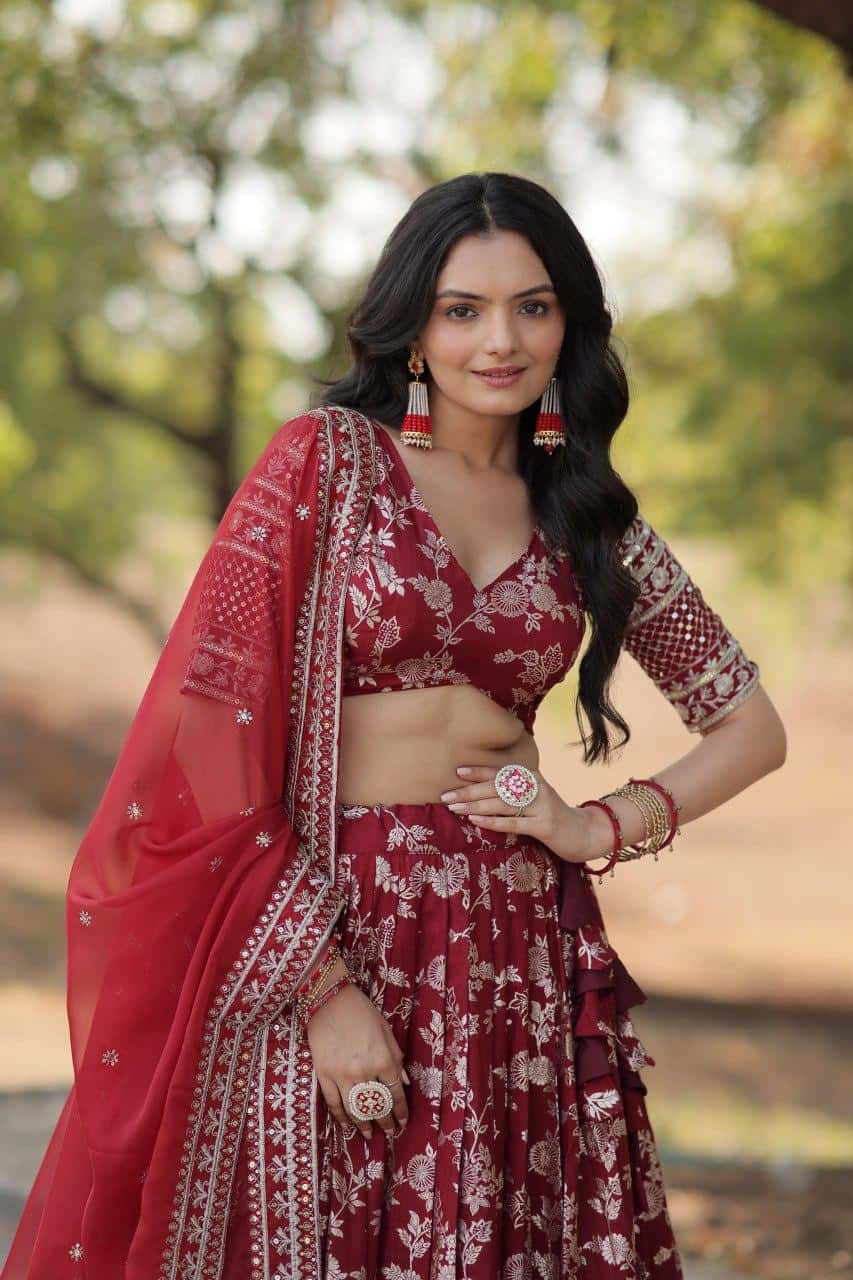 Pure Dyable Viscose Jacquard with Embroidered Sequins Work Blouse with Lehenga