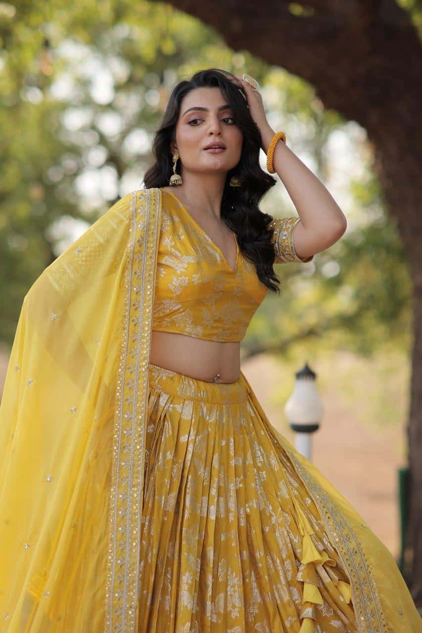 Pure Dyable Viscose Jacquard with Embroidered Sequins Work Blouse with Lehenga