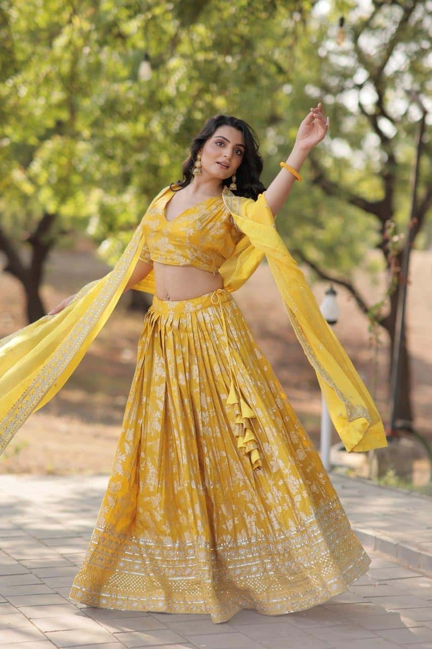 Pure Dyable Viscose Jacquard with Embroidered Sequins Work Blouse with Lehenga