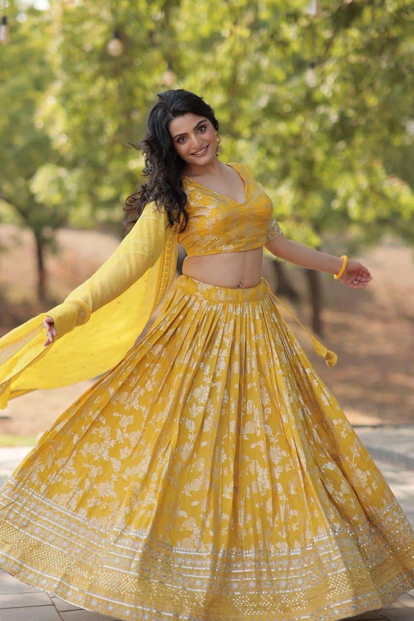 Pure Dyable Viscose Jacquard with Embroidered Sequins Work Blouse with Lehenga