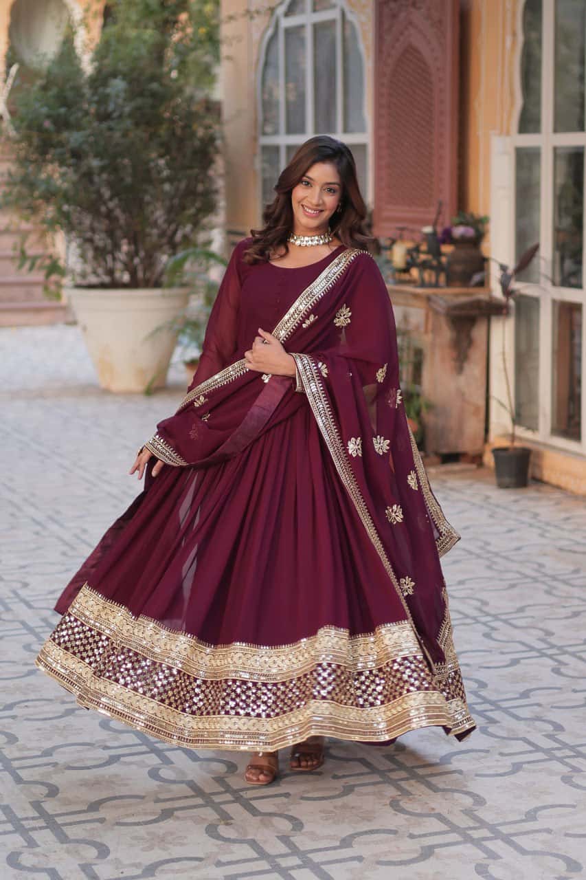 "Faux Blooming Embroidered Gown with Zari, Sequins, and Designer Dupatta"