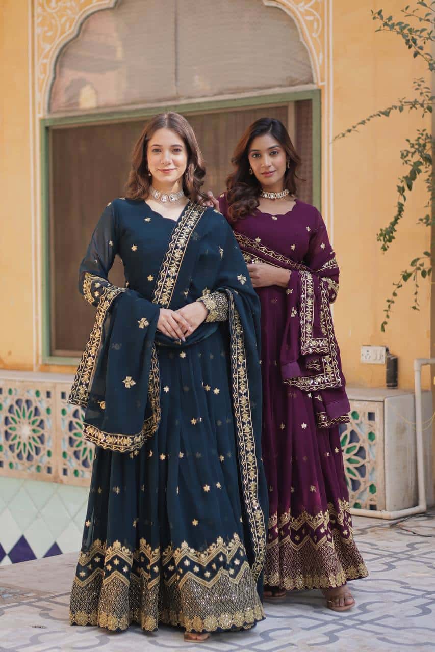 "Elegant Faux Blooming Georgette Gown with Fancy Neck and Sequins Dupatta"