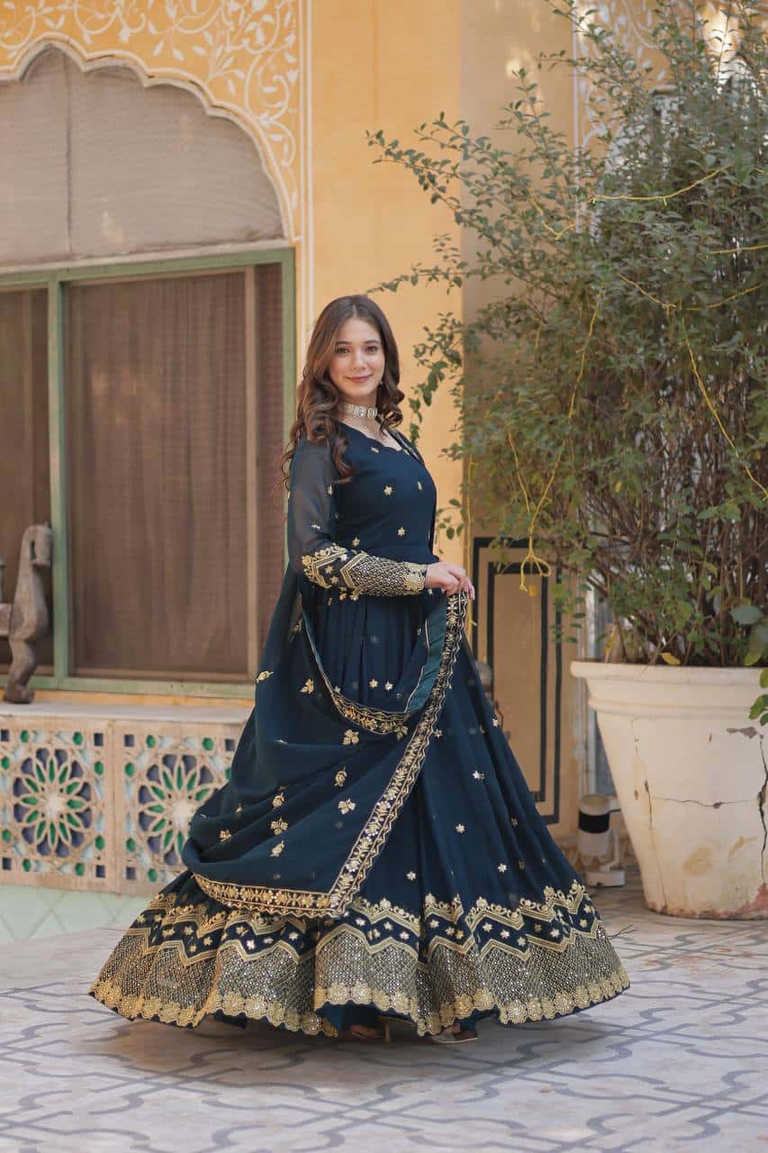"Elegant Faux Blooming Georgette Gown with Fancy Neck and Sequins Dupatta"