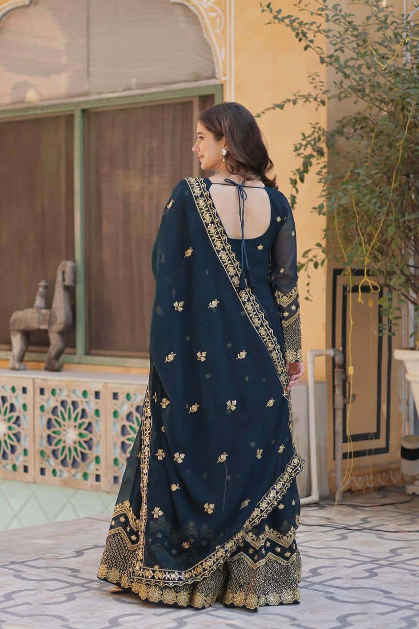 "Elegant Faux Blooming Georgette Gown with Fancy Neck and Sequins Dupatta"
