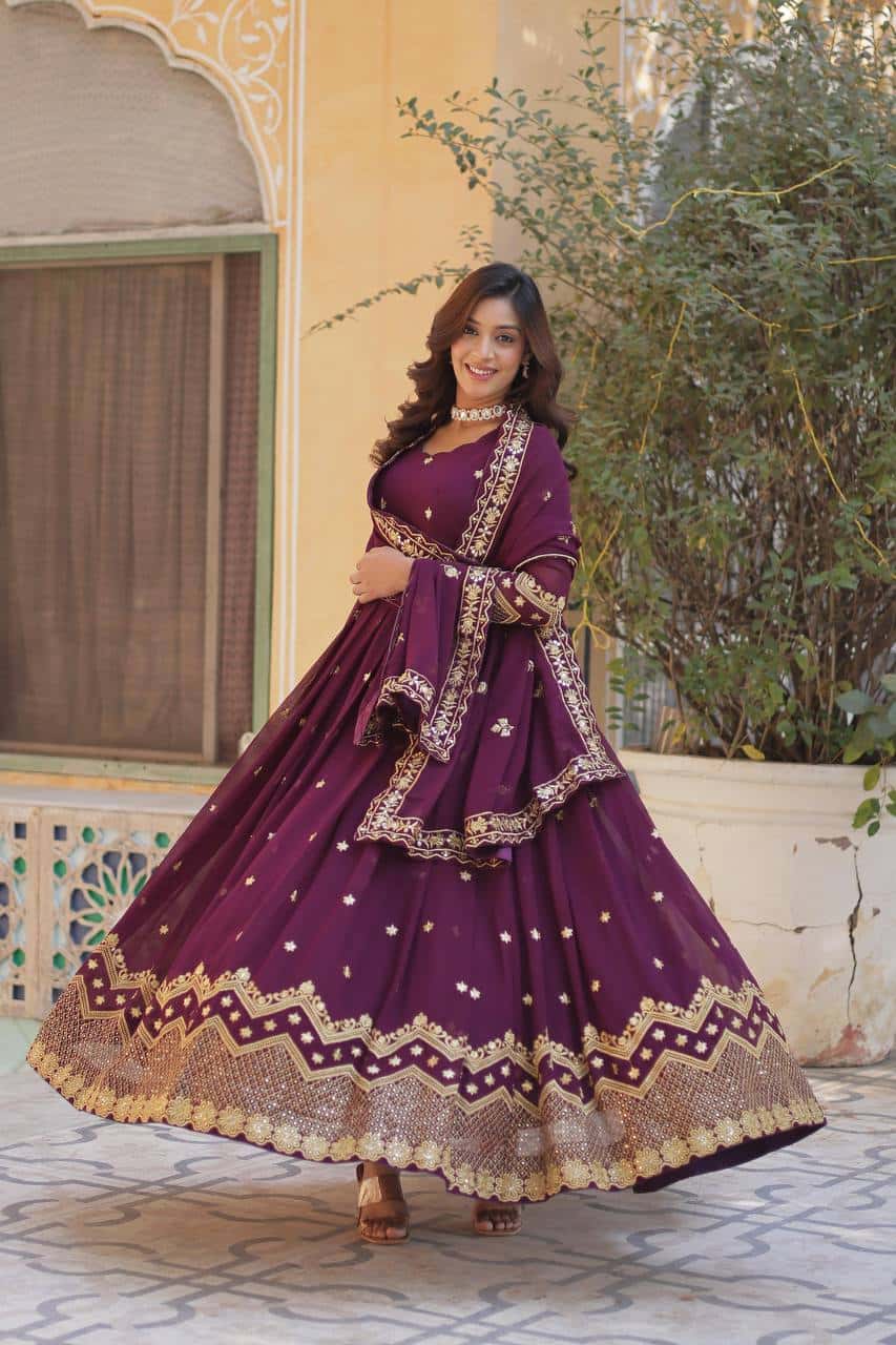 "Elegant Faux Blooming Georgette Gown with Fancy Neck and Sequins Dupatta"