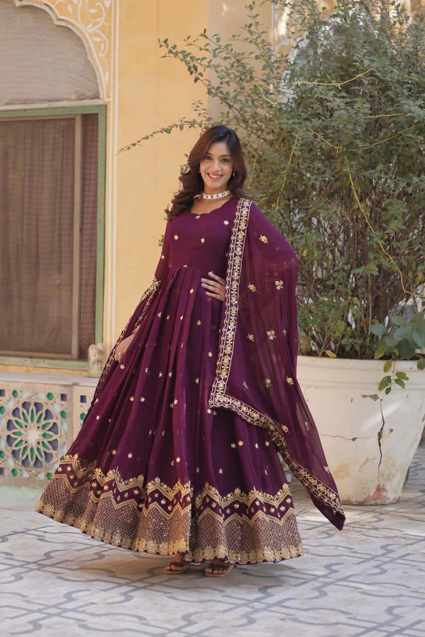 "Elegant Faux Blooming Georgette Gown with Fancy Neck and Sequins Dupatta"