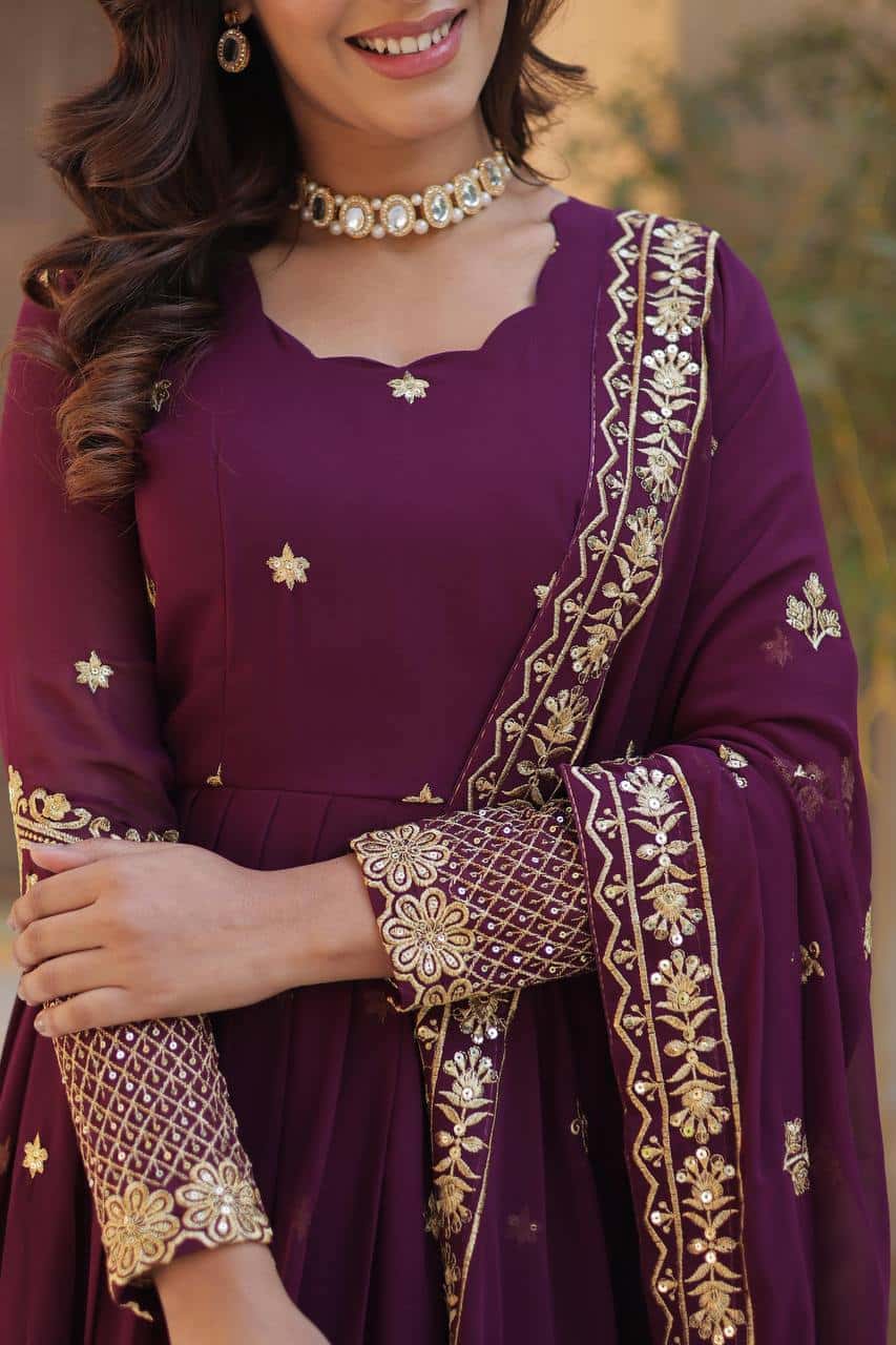 "Elegant Faux Blooming Georgette Gown with Fancy Neck and Sequins Dupatta"