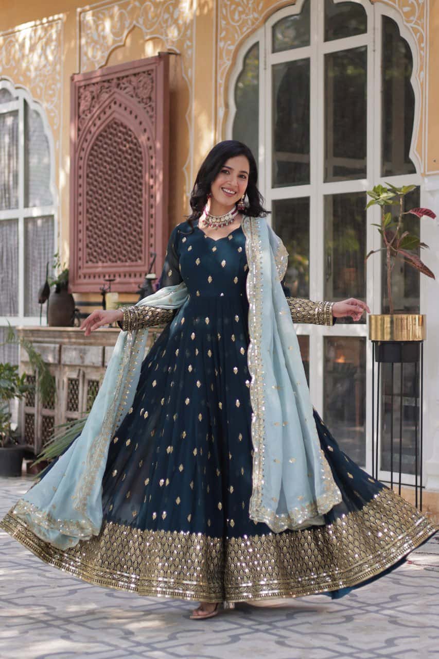Luxury Faux Blooming Sequins Gown with Cutwork Embroidered Dupatta