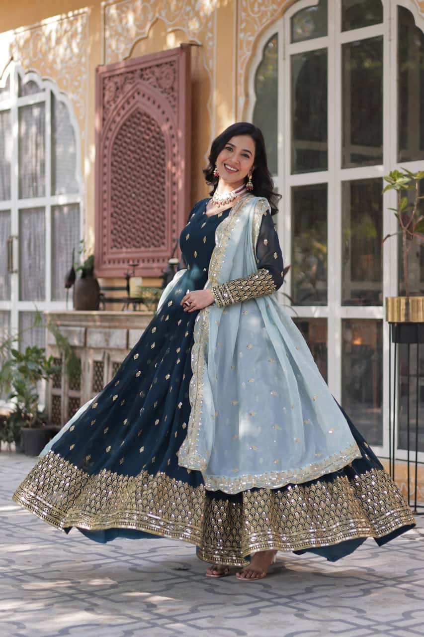 Luxury Faux Blooming Sequins Gown with Cutwork Embroidered Dupatta