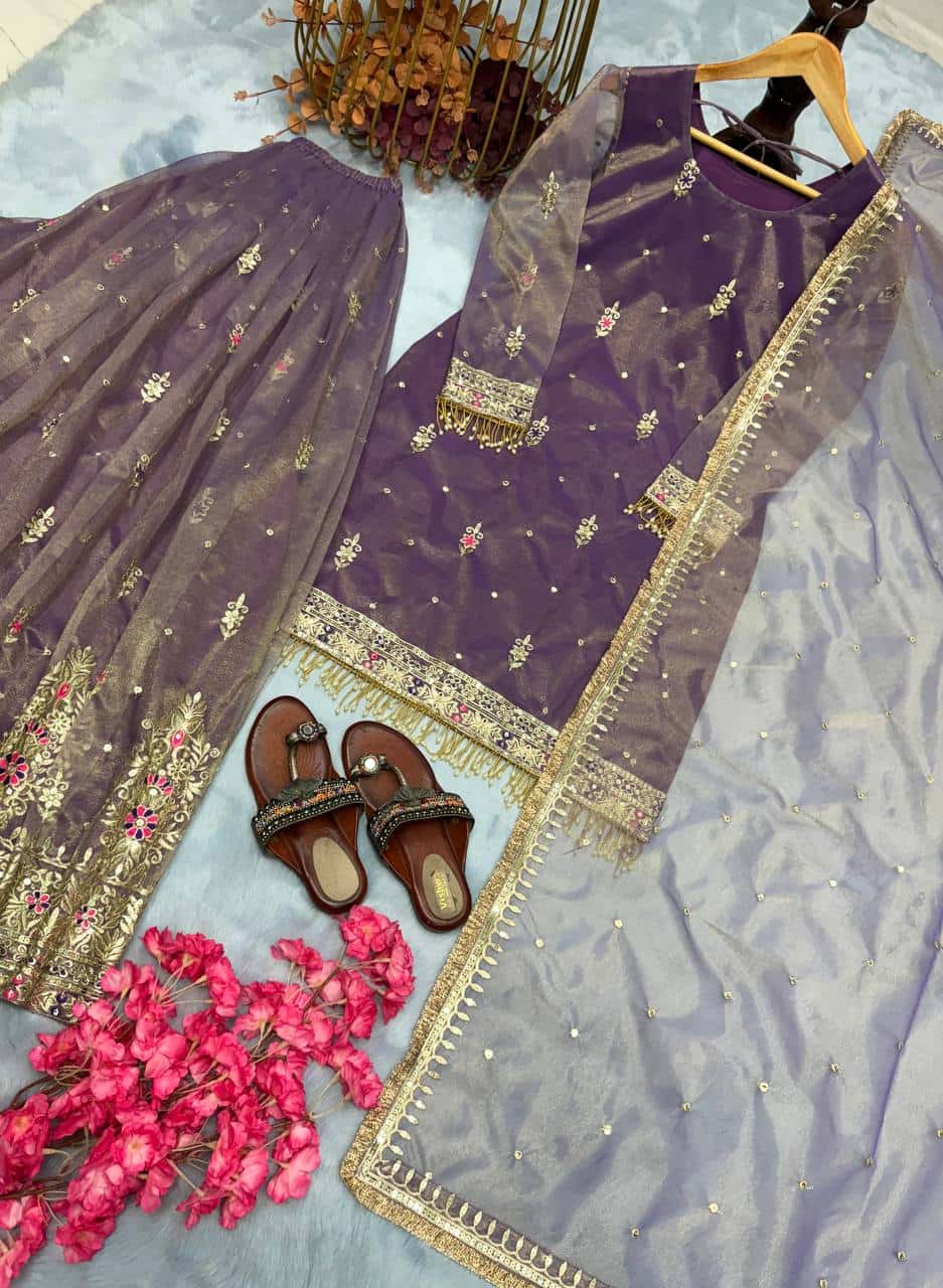 Pure Twill Gold Net with heavy sequin embroidery salwar kameez set