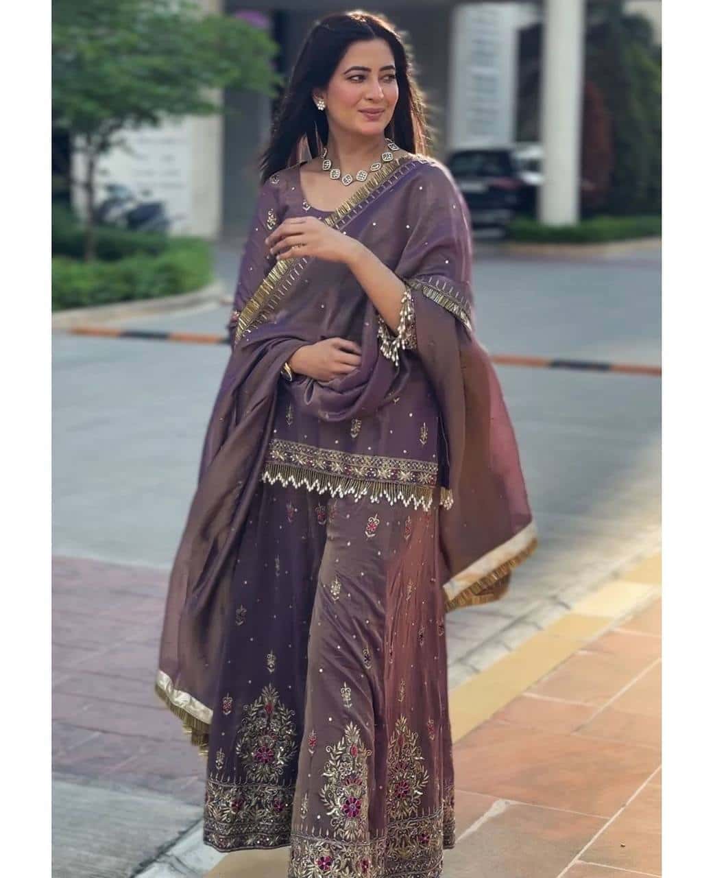 Pure Twill Gold Net with heavy sequin embroidery salwar kameez set