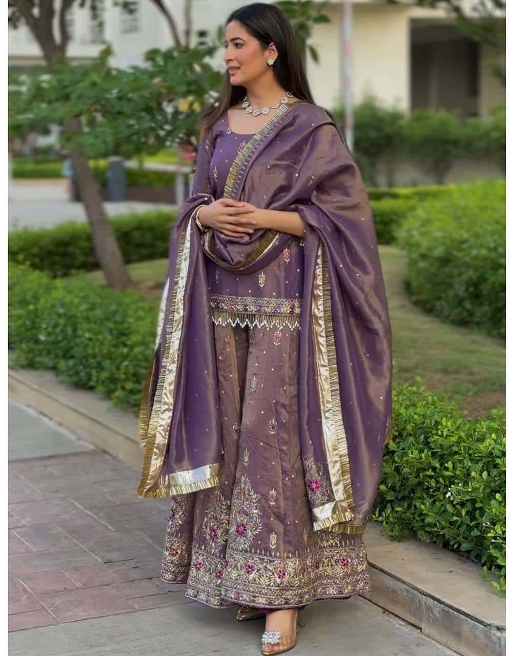 Pure Twill Gold Net with heavy sequin embroidery salwar kameez set