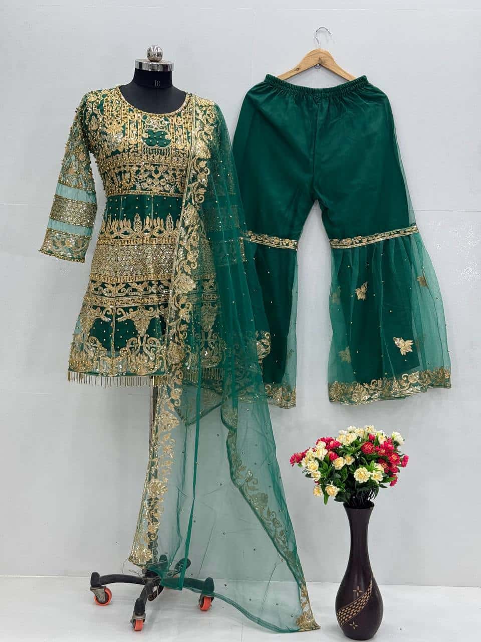 Elegant Soft Net Top and Silk Palazzo Set with Embroidery and Revet Moti Work