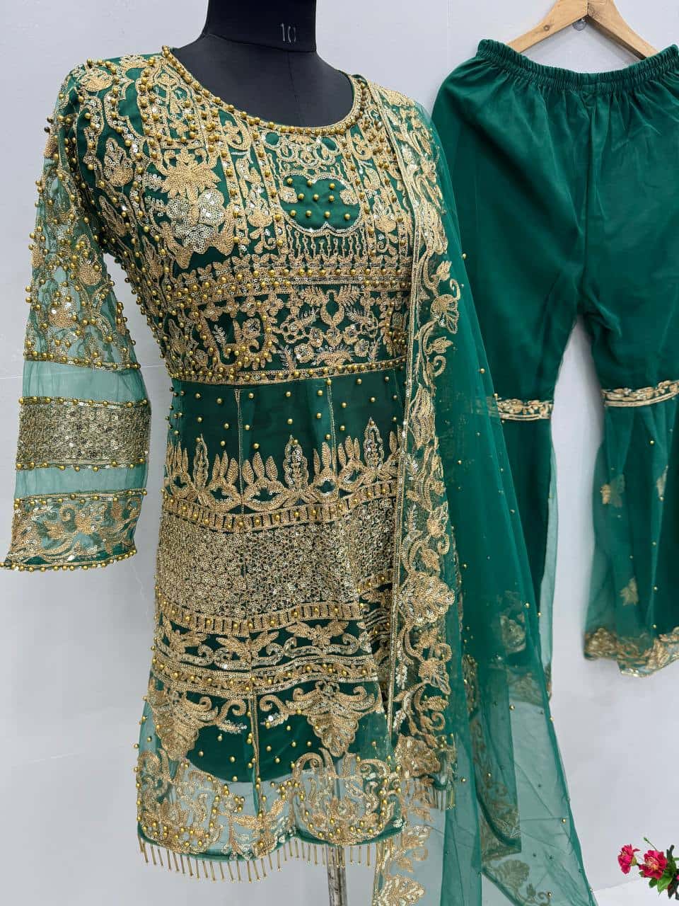 Elegant Soft Net Top and Silk Palazzo Set with Embroidery and Revet Moti Work