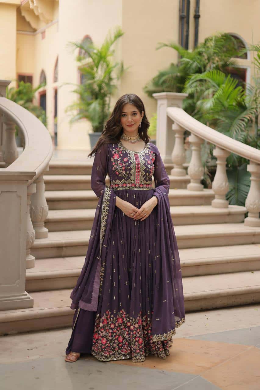 Faux Georgette Kurti and Sharara Set with Sequins Embroidery