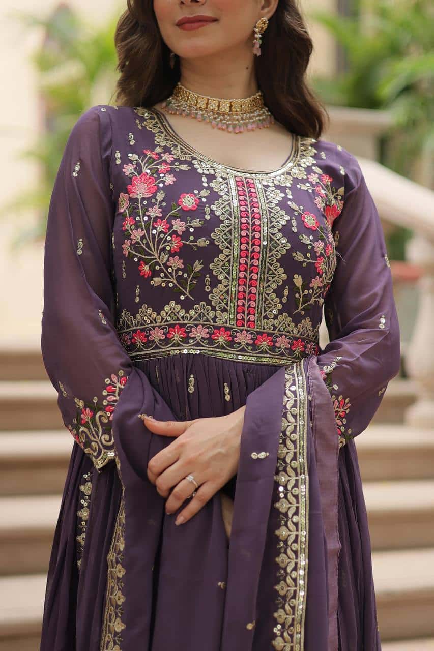 Faux Georgette Kurti and Sharara Set with Sequins Embroidery