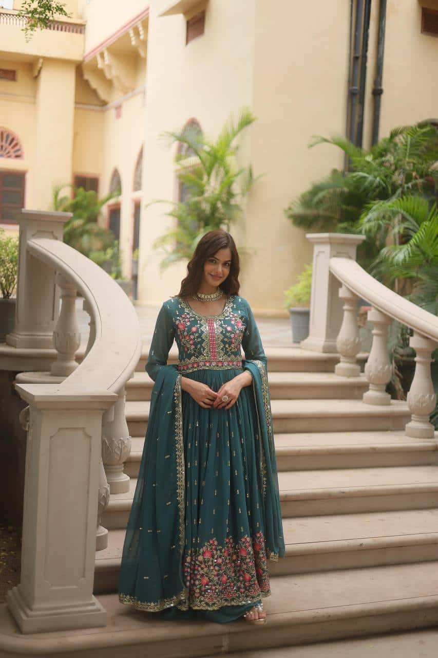Faux Georgette Kurti and Sharara Set with Sequins Embroidery