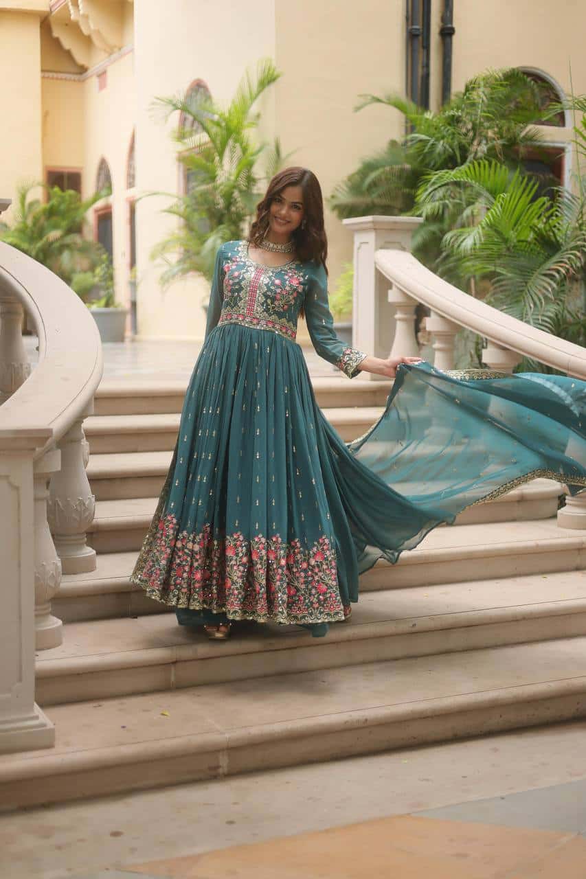 Faux Georgette Kurti and Sharara Set with Sequins Embroidery