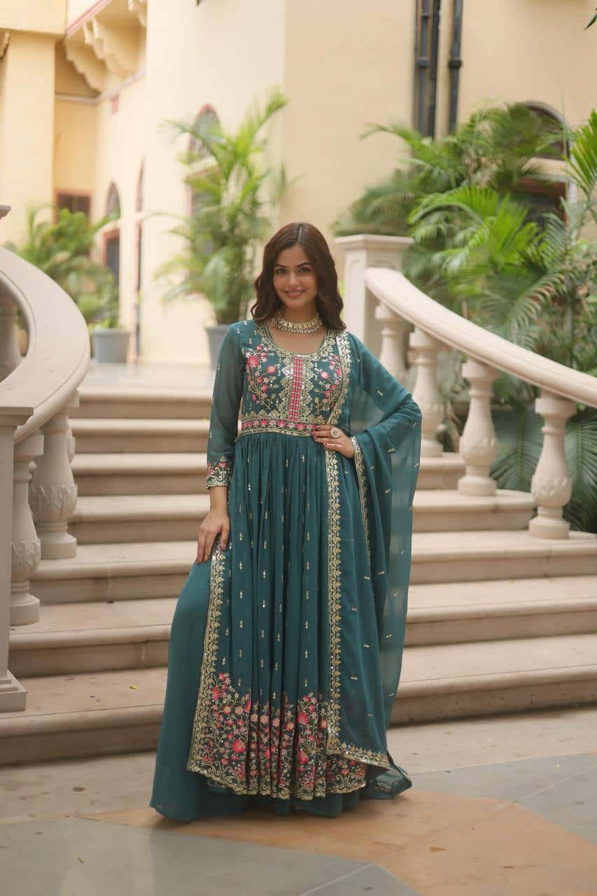 Faux Georgette Kurti and Sharara Set with Sequins Embroidery