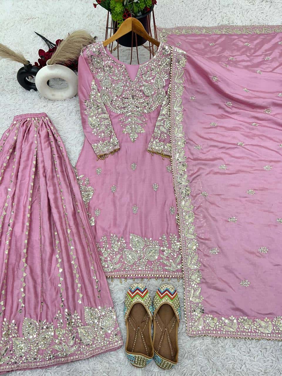 Heavy Chinon Silk with heavy embroidery sequence work Kurta Sharara with Dupatta